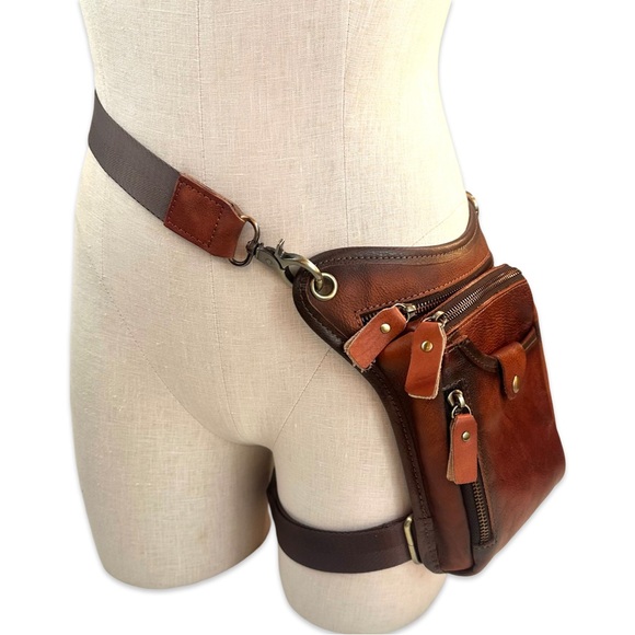 Genuine Leather Tactical Leg Bag Pouch Messenger Hip Bumbag Waist Pack NWOT - Picture 4 of 13